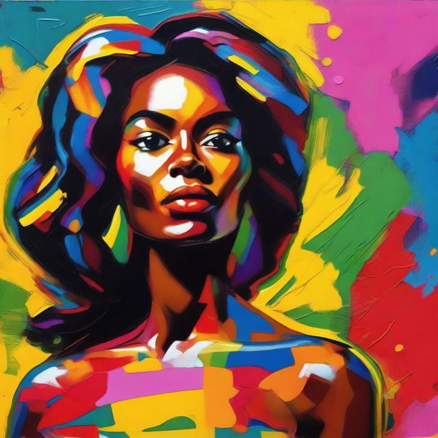 Create an 8k resolution oil painting in impasto pop art style featuring a beautiful dark-skinned Brazilian woman