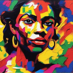 Create an 8k resolution oil painting in impasto pop art style featuring a beautiful dark-skinned Brazilian woman