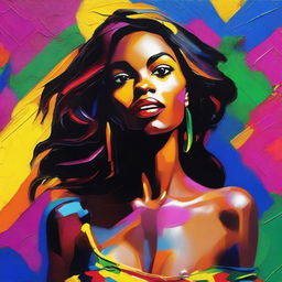 Create an 8k resolution oil painting in impasto pop art style featuring a beautiful dark-skinned Brazilian woman