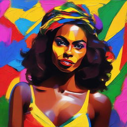 Create an 8k resolution oil painting in impasto pop art style featuring a beautiful dark-skinned Brazilian woman