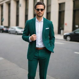 A man in a pristine white shirt paired with a dark green pair of pants and complemented by a stylish blazer.