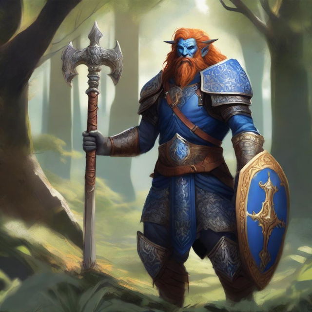 A majestic blue-skinned Firbolg man with amber hair, dressed as a paladin, standing tall in a lush forest