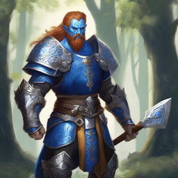 A majestic blue-skinned Firbolg man with amber hair, dressed as a paladin, standing tall in a lush forest