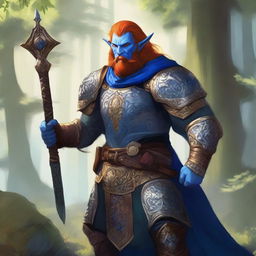 A majestic blue-skinned Firbolg man with amber hair, dressed as a paladin, standing tall in a lush forest