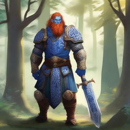 A majestic blue-skinned Firbolg man with amber hair, dressed as a paladin, standing tall in a lush forest