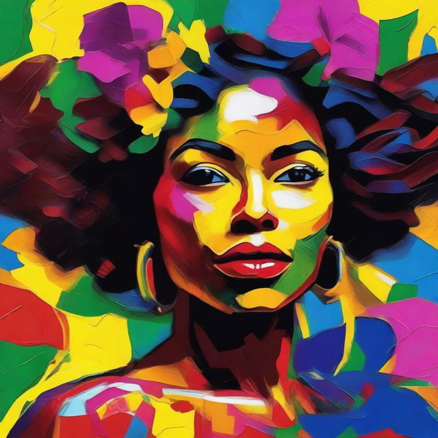 Create an 8k resolution oil painting in impasto pop art style featuring a beautiful dark-skinned Brazilian woman