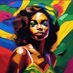 Create an 8k resolution oil painting in impasto pop art style featuring a beautiful dark-skinned Brazilian woman