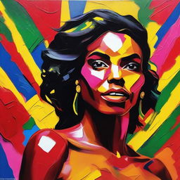 Create an 8k resolution oil painting in impasto pop art style featuring a beautiful dark-skinned Brazilian woman