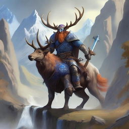 A majestic blue-skinned Firbolg man with amber hair, dressed as a paladin, riding on a powerful elk through an epic landscape