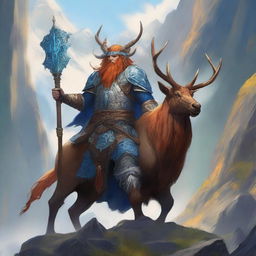 A majestic blue-skinned Firbolg man with amber hair, dressed as a paladin, riding on a powerful elk through an epic landscape