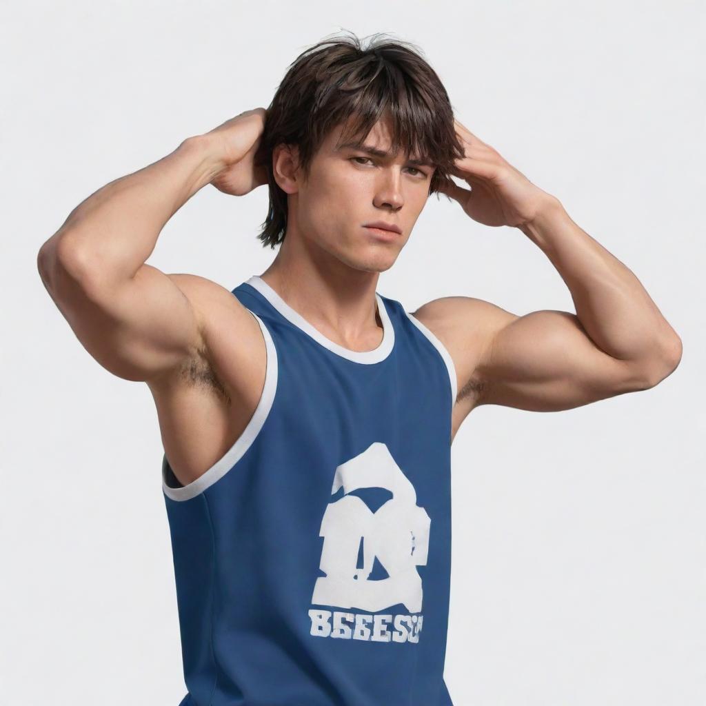 Animated cartoon of a muscular anime boy with a short mullet hairstyle, wearing a half-sleeved basketball t-shirt, wiping sweat off his face using his shirt and revealing his powerful abs.