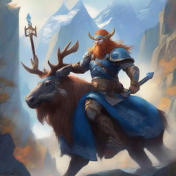 A majestic blue-skinned Firbolg man with amber hair, dressed as a paladin, riding on a powerful elk through an epic landscape