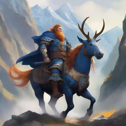 A majestic blue-skinned Firbolg man with amber hair, dressed as a paladin, riding on a powerful elk through an epic landscape