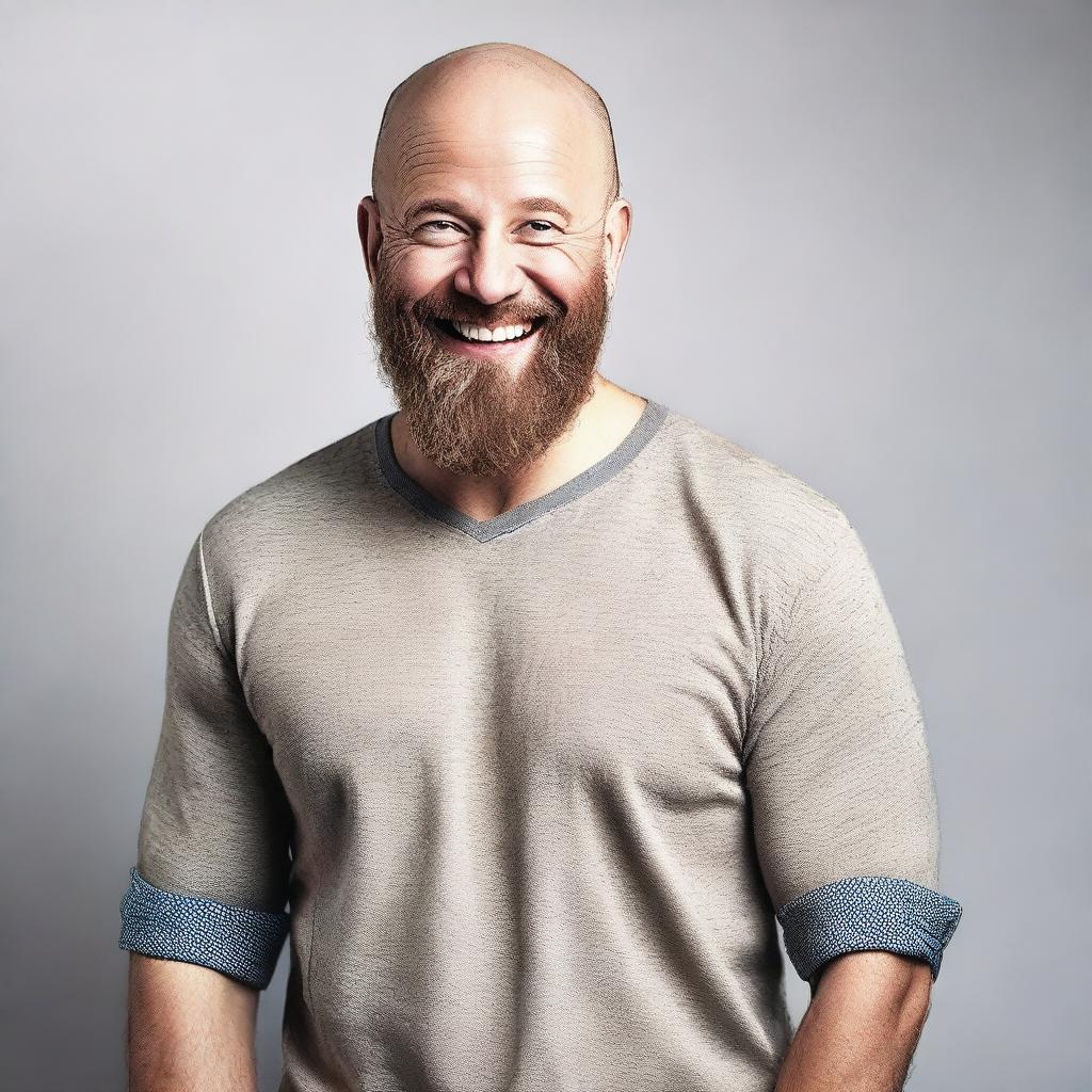 A bald man with a beard looking playful and slightly mischievous