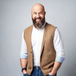 A bald man with a beard looking playful and slightly mischievous