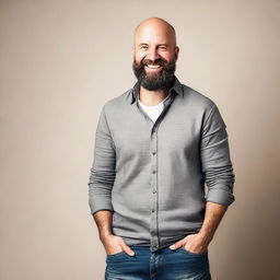 A bald man with a beard looking playful and slightly mischievous