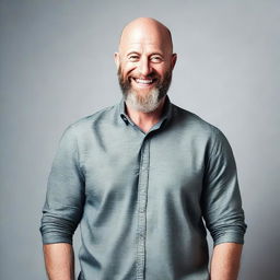 A bald man with a beard looking playful and slightly mischievous