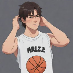 Animated cartoon of a muscular anime boy with a short mullet hairstyle, wearing a half-sleeved basketball t-shirt, wiping sweat off his face using his shirt and revealing his powerful abs.