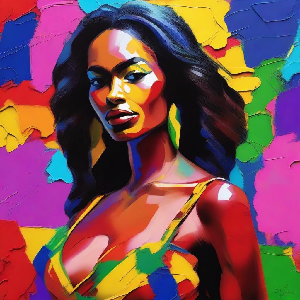 Create an 8k resolution oil painting in impasto pop art style featuring a beautiful dark-skinned Brazilian woman