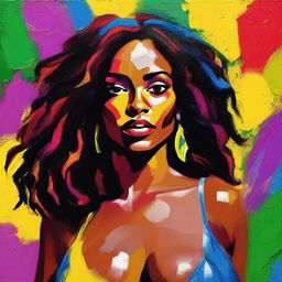 Create an 8k resolution oil painting in impasto pop art style featuring a beautiful dark-skinned Brazilian woman