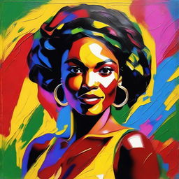 Create an 8k resolution oil painting in impasto pop art style featuring a beautiful dark-skinned Brazilian woman