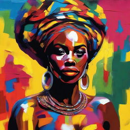 Create an 8k resolution oil painting in impasto pop art style featuring a beautiful dark-skinned African woman