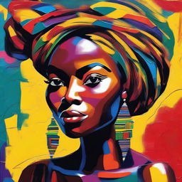 Create an 8k resolution oil painting in impasto pop art style featuring a beautiful dark-skinned African woman