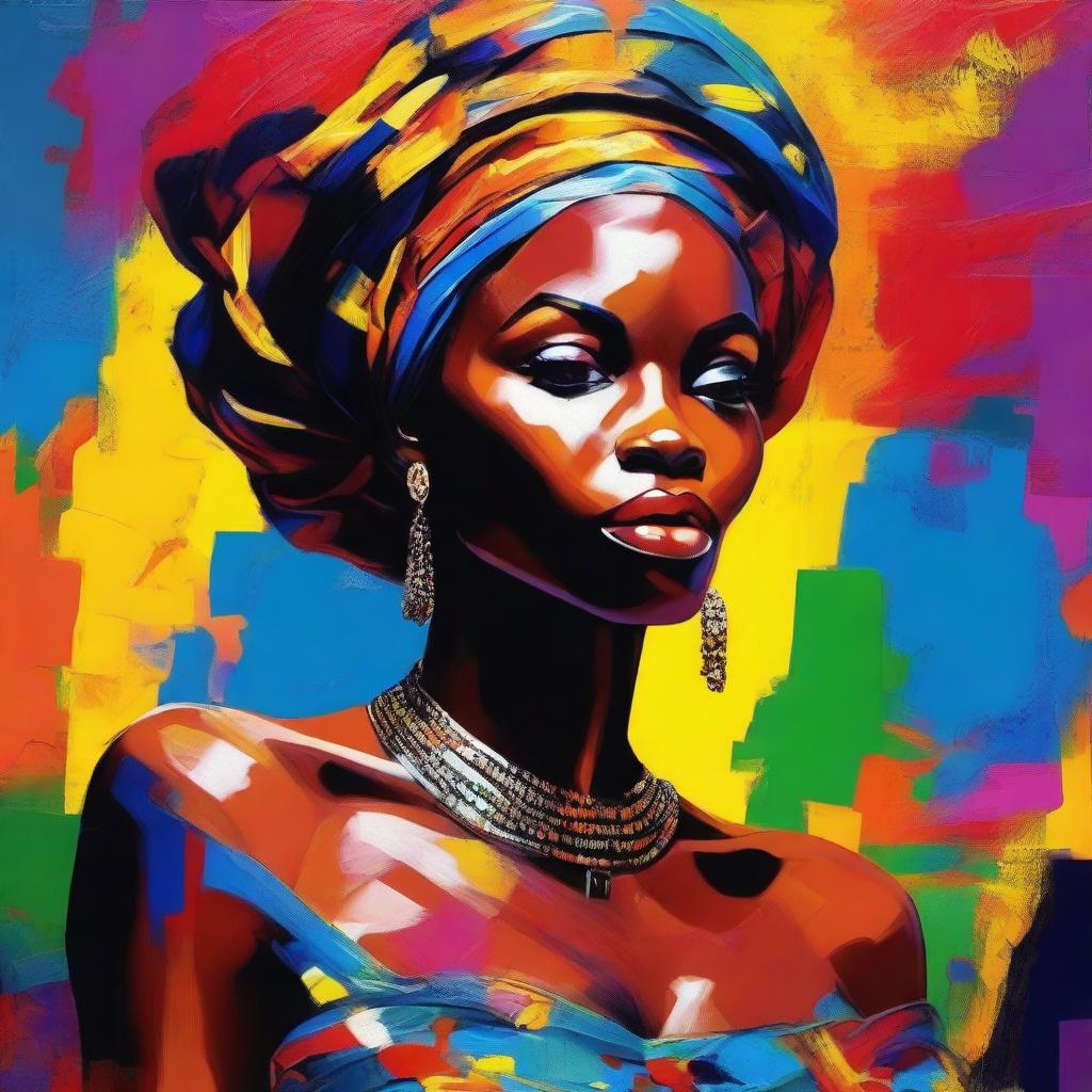 Create an 8k resolution oil painting in impasto pop art style featuring a beautiful dark-skinned African woman