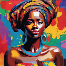 Create an 8k resolution oil painting in impasto pop art style featuring a beautiful dark-skinned African woman