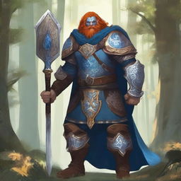 A majestic blue-skinned Firbolg man with amber hair, dressed as a paladin, standing tall in a lush forest