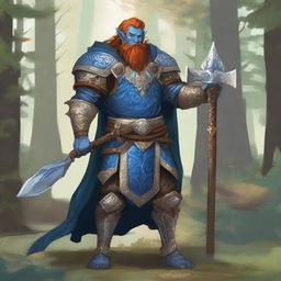 A majestic blue-skinned Firbolg man with amber hair, dressed as a paladin, standing tall in a lush forest