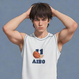 Animated cartoon of a muscular anime boy with a short mullet hairstyle, wearing a half-sleeved basketball t-shirt, wiping sweat off his face using his shirt and revealing his powerful abs.