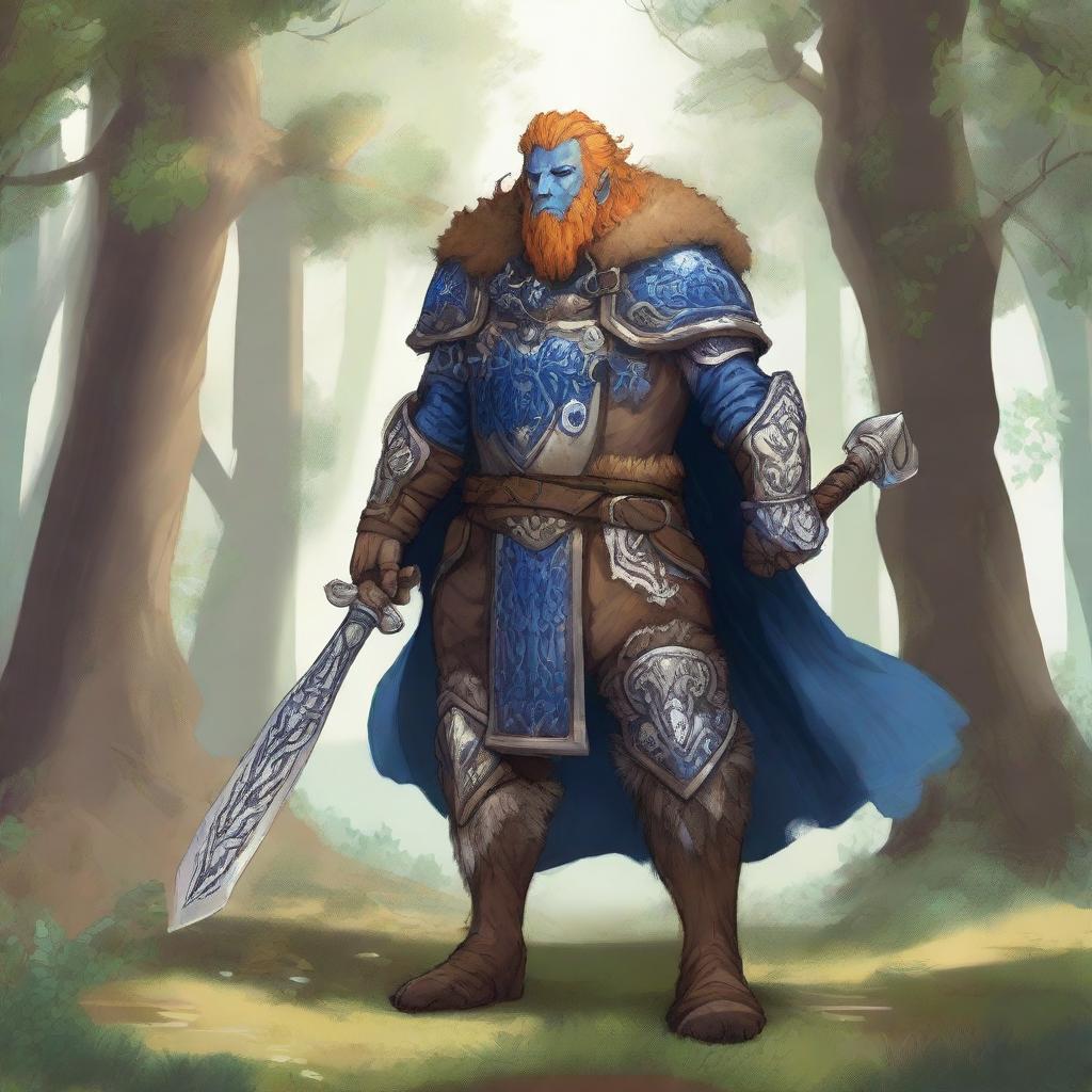 A majestic blue-skinned Firbolg man with amber hair, dressed as a paladin, standing tall in a lush forest