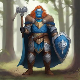 A majestic blue-skinned Firbolg man with amber hair, dressed as a paladin, standing tall in a lush forest