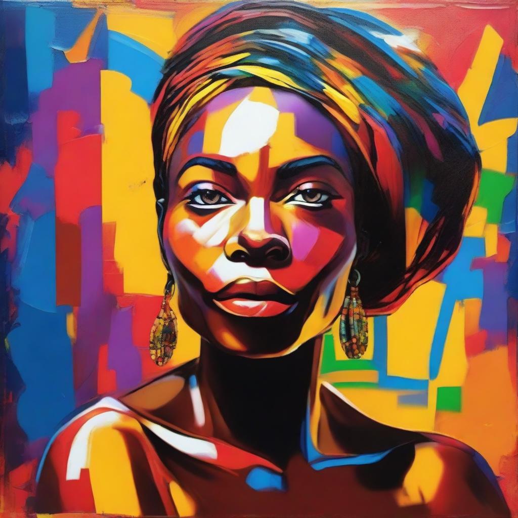 Create an 8k resolution oil painting in impasto pop art style featuring a beautiful dark-skinned African woman