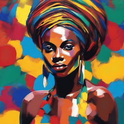 Create an 8k resolution oil painting in impasto pop art style featuring a beautiful dark-skinned African woman