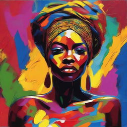 Create an 8k resolution oil painting in impasto pop art style featuring a beautiful dark-skinned African woman