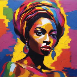 Create an 8k resolution oil painting in impasto pop art style featuring a beautiful dark-skinned African woman