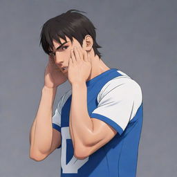 Animated cartoon of a muscular anime boy with a short mullet hairstyle, wearing a half-sleeved basketball t-shirt, wiping sweat off his face using his shirt and revealing his powerful abs.