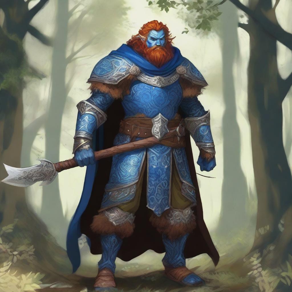 A majestic blue-skinned Firbolg man with amber hair, dressed as a paladin, standing tall in a lush forest