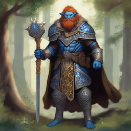 A majestic blue-skinned Firbolg man with amber hair, dressed as a paladin, standing tall in a lush forest