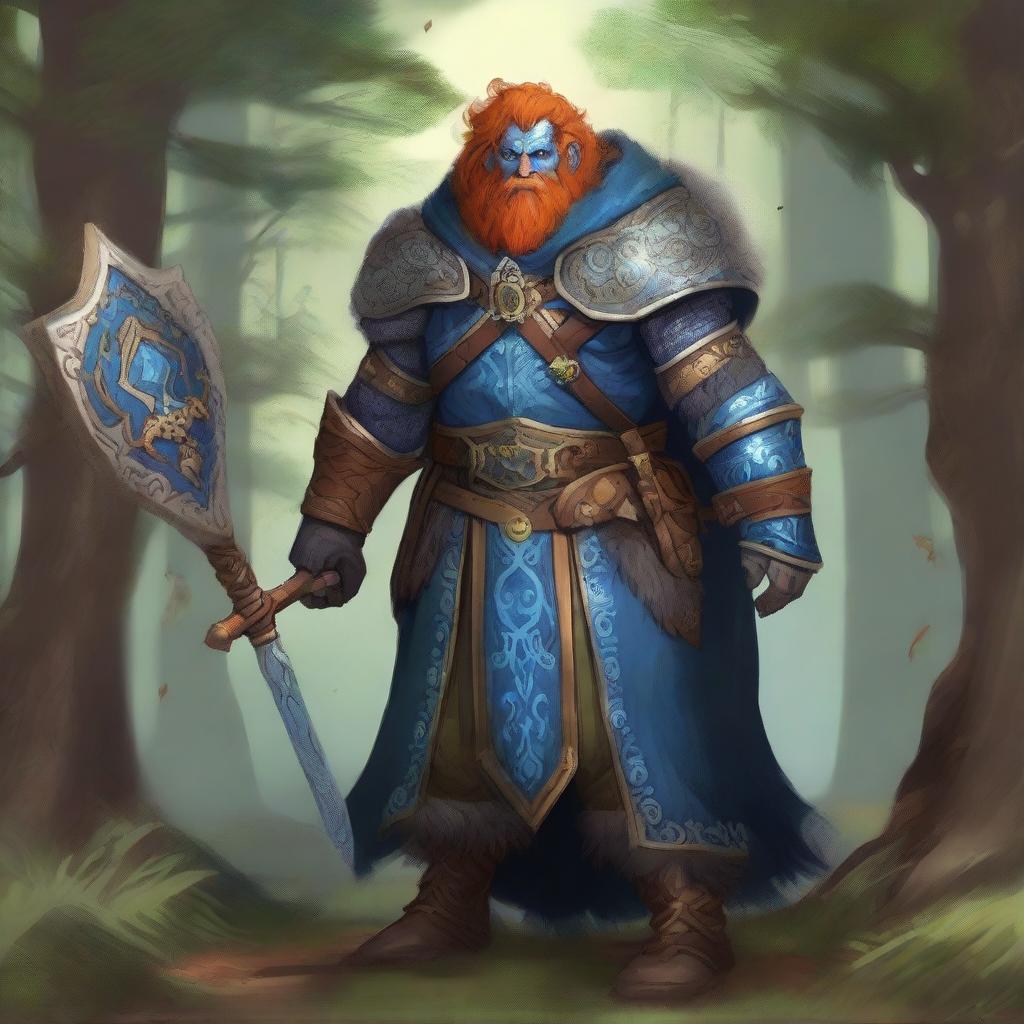 A majestic blue-skinned Firbolg man with amber hair, dressed as a paladin, standing tall in a lush forest