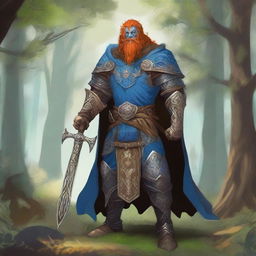 A majestic blue-skinned Firbolg man with amber hair, dressed as a paladin, standing tall in a lush forest