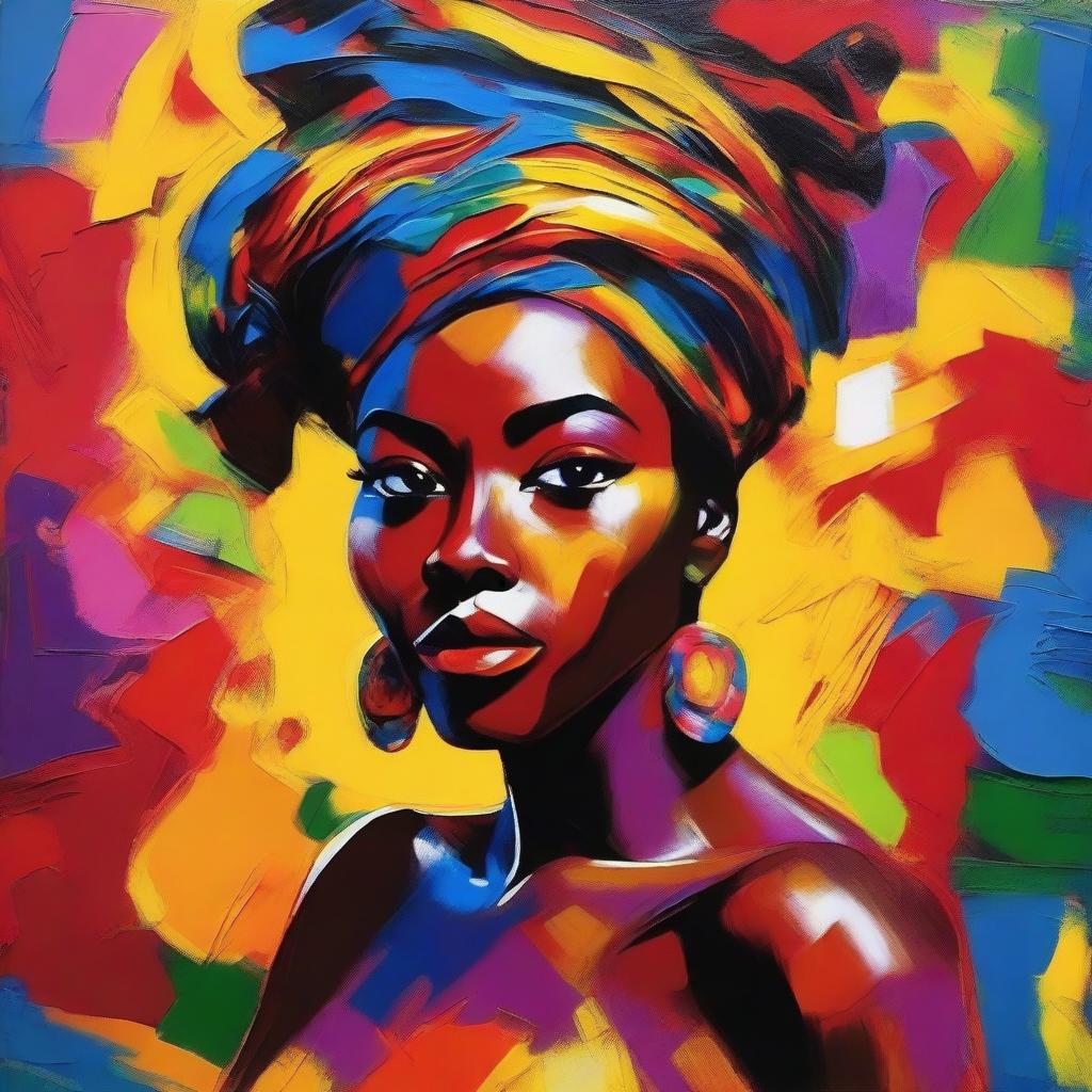 Create an 8k resolution oil painting in impasto pop art style featuring a beautiful dark-skinned African woman