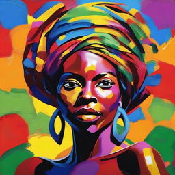 Create an 8k resolution oil painting in impasto pop art style featuring a beautiful dark-skinned African woman