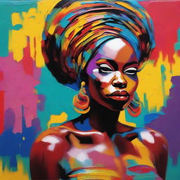 Create an 8k resolution oil painting in impasto pop art style featuring a beautiful dark-skinned African woman