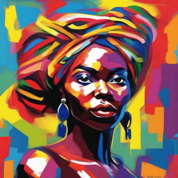 Create an 8k resolution oil painting in impasto pop art style featuring a beautiful dark-skinned African woman