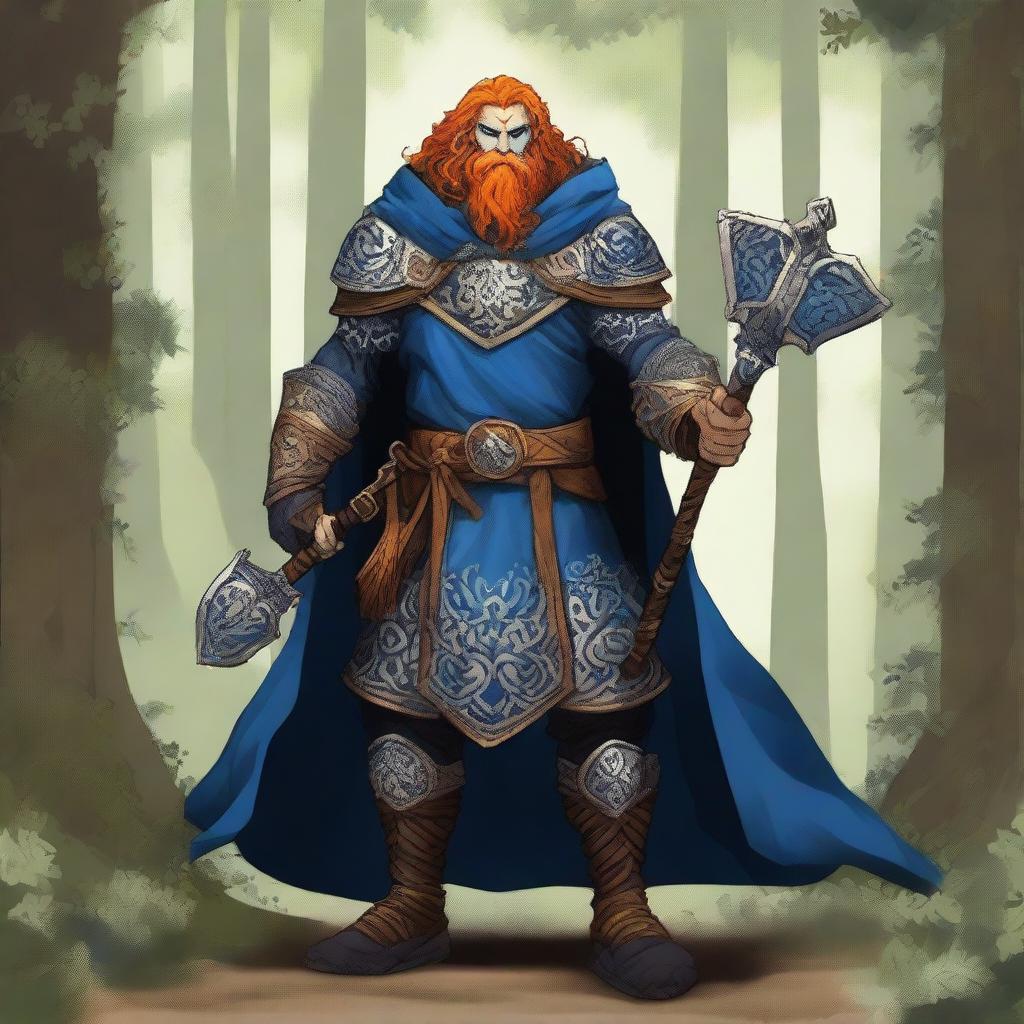 A majestic blue-skinned Firbolg man with amber hair, dressed as a paladin, standing tall in a lush forest