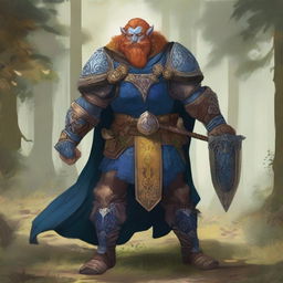 A majestic blue-skinned Firbolg man with amber hair, dressed as a paladin, standing tall in a lush forest