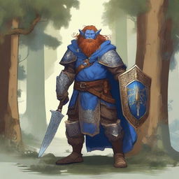 A majestic blue-skinned Firbolg man with amber hair, dressed as a paladin, standing tall in a lush forest